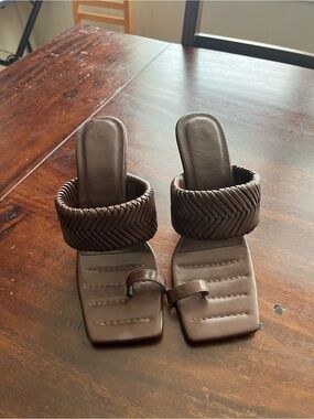 Women’s Brown Braided Strap Square-Toe Slide Sandals